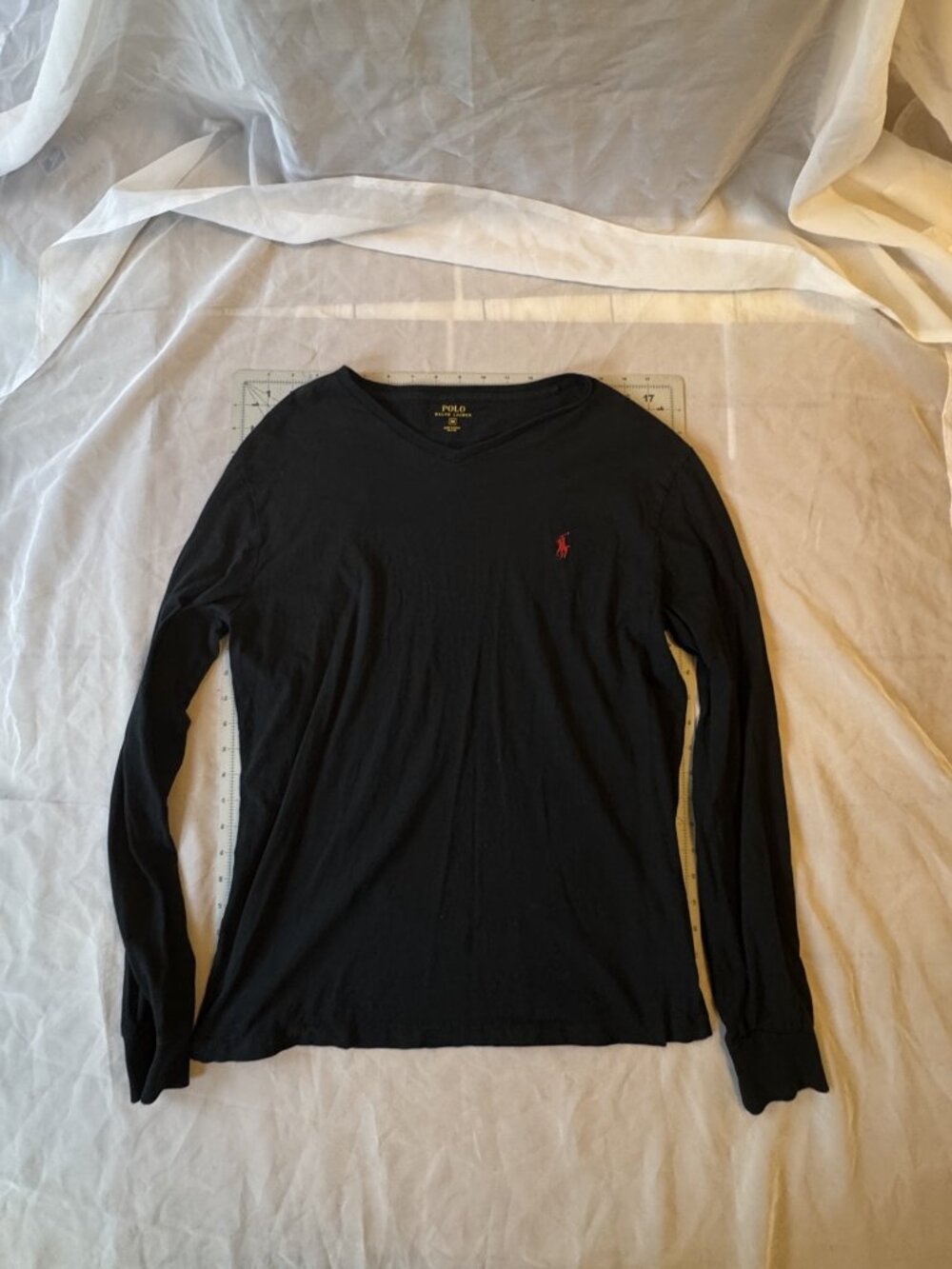 Polo Ralph Lauren Men's V-Neck Long Sleeve T-Shirt Black Red Pony Size M